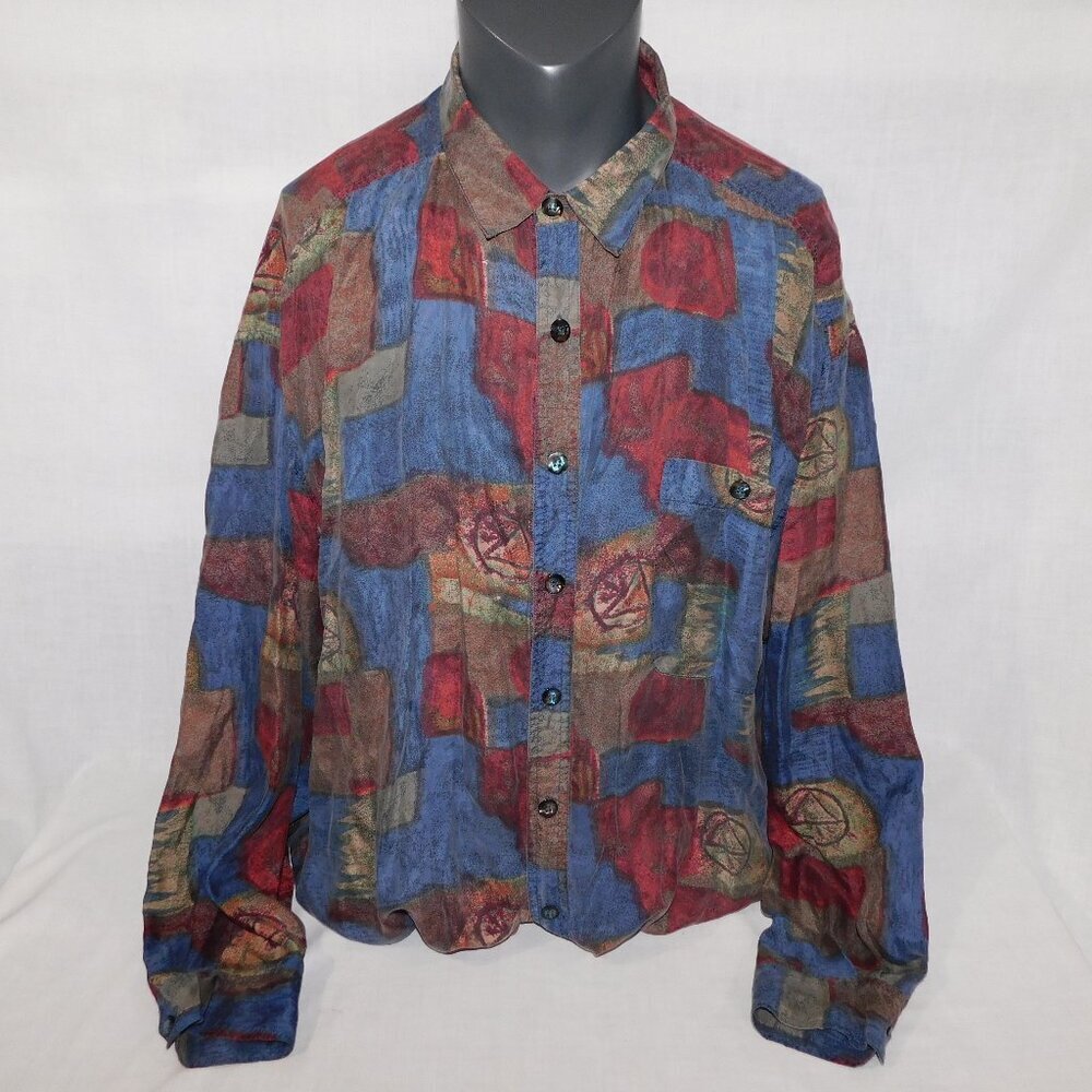 VTG Canary Island Collection Silk Long Sleeve Button Up Abstract Shirt Mens XL